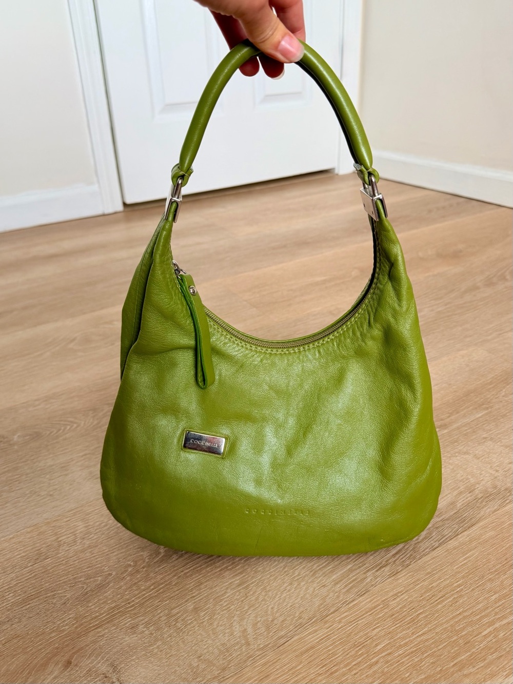 Vintage Y2K Coccinelle Italian Leather Baguette Hobo Bag Avocado Green